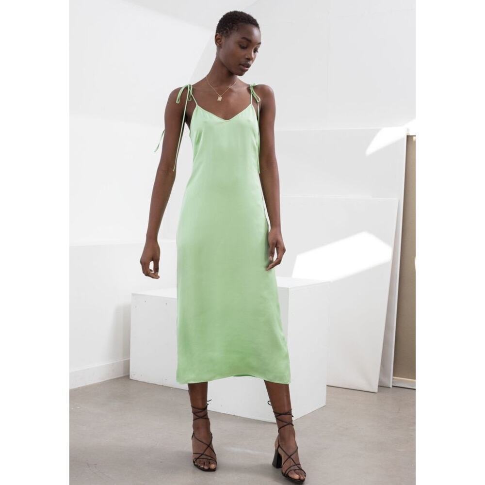 & Other Stories Shoulder Tie Midi Slip Dress in Green Sz 6